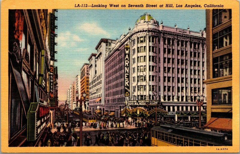 Vtg Los Angeles California CA View West on Seventh Street at Hill 1930s Postcard