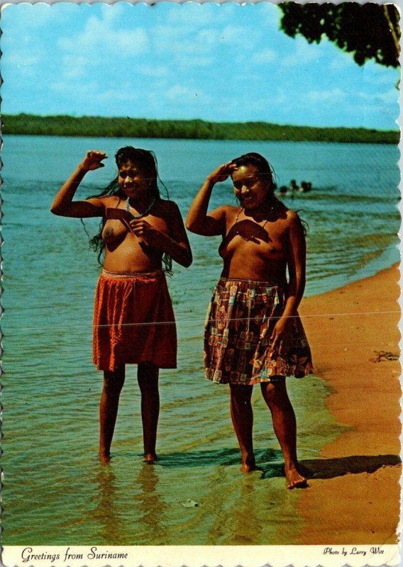 VINTAGE CONTINENTAL SIZE POSTCARD A FRIENDLY WAVE FROM AMER INDIANS SURINAM 1972