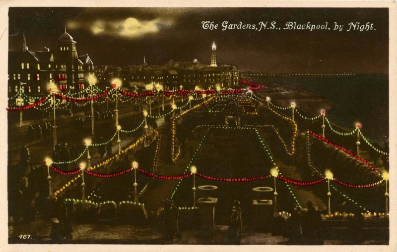 UK - England,  Blackpool.  The Gardens, N.S. at Night    RPPC