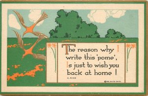 Gibson Arts & Crafts Postcard; Orange Birds Green Landscape, Wish You Were Home