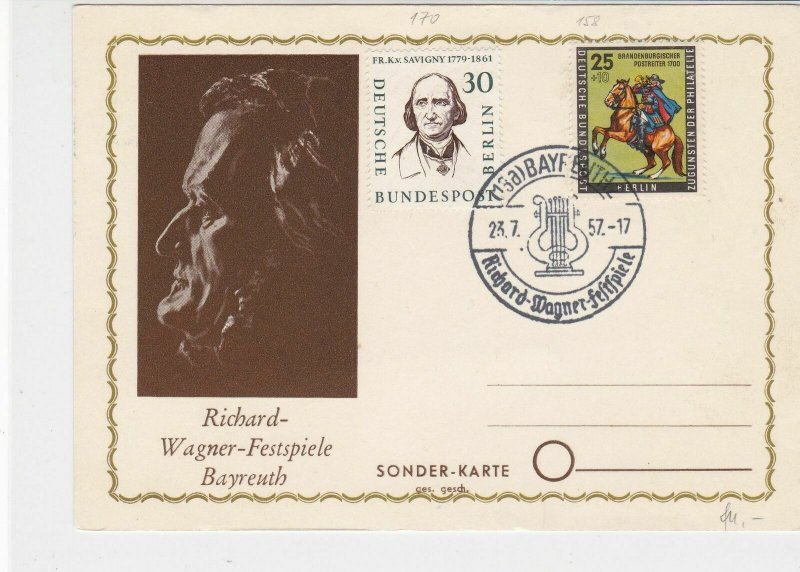 Berlin 1957 Bayreuth Harp Cancel Richard Wagner Special Stamps Card Ref 26092 