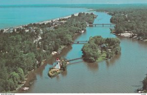 WASAGA BEACH, Ontario, Canada, 1950-60s; Aerial View, Lighthouse, bridges