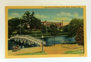 Salisbury Maryland MD City Park & Wicomico High School Linen Vintage Postcard 