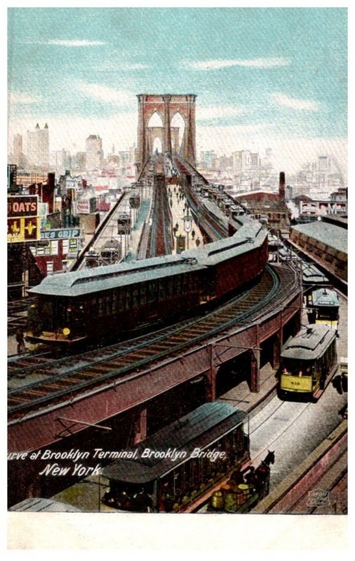 New York City , Curve at Brooklyn Terminal, Brooklyn Bridge , Trolley and train