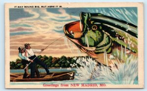 Greetings From NEW MADRID, MO Missouri ~ FISH EXAGERRATION 1943 Linen Postcard
