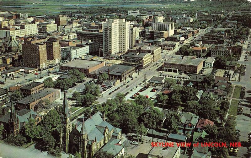 Lincoln Nebraska Bird's Eye View~Cars in Street-Church-Houses-Buildings~1950s Pc