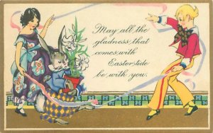 Rabbit in Harlequin Pants Fancy Girl, Boy, Fantasy Eastertide UDB Postcard