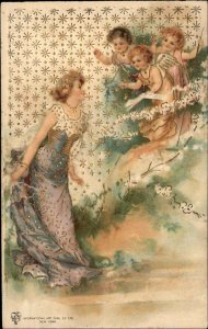 Art Nouveau Beautiful Woman & Cherubs Gold Embossed Stars c1905 Postcard