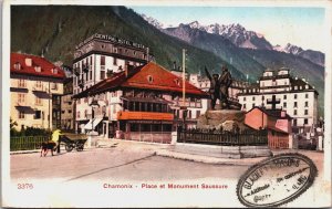 France Chamonix Place et Monument Saussure Vintage Postcard C219