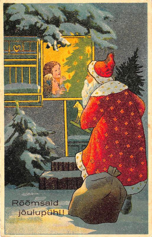 Red Suited Santa Claus Window Christmas Finland Postcard