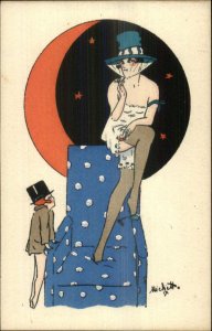 Art Deco Sexy Woman Nightie Smoking Cigarette Moon MICHETT FLIRT Postcard