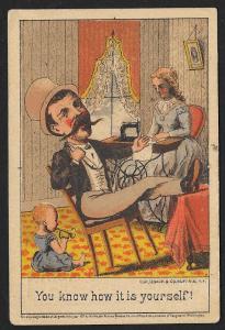 VICTORIAN TRADE CARD Wilson Sewing Machine Man Child & Lady Sewing c1871