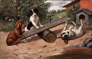 G.A. Novelty Art Series Puppy Dogs on Teeter Totter See-Saw c1910 Postcard