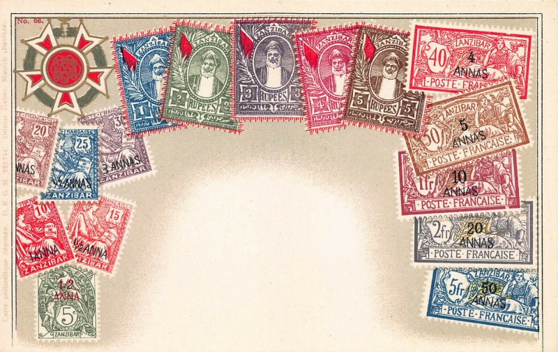 Zanzibar, Classic Stamp Images on Early Postcard, Published by Ottmar Zieher