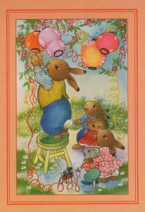 Children Postcard - Children's Illustration - Cute Rabbits and Balloons   RR7702