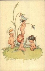 Fantasy Bare Butt Fairy Babies Flower Hats Old Postcard