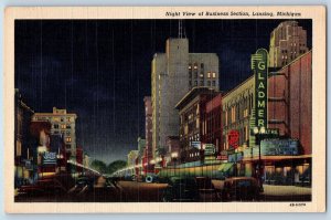 c1940's Night View Of Business Section Buildings Cars Lansing Michigan Postcard