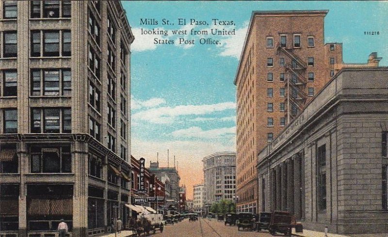 Postcard Mills St El Paso Texas looking west From US Post Office