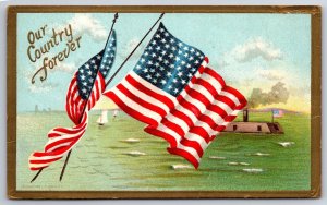 Patriotic~Our Country Forever~Crossed American Flags Over Battleship~Gold Emboss