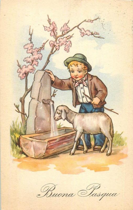 Buona Pasque Italy Easter fantasy postcard boy lamb