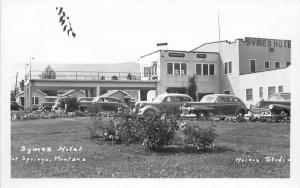Autos Hot Springs Montana 1940s RPPC Photo Postcard Symes Hotel Meirs 5070