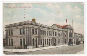 Union Railroad Depot Des Moines Iowa 1910 postcard