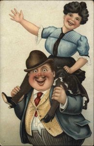 German Comic Buxom Woman on Fat Man's Shoulders c1910 Vintage Postcard