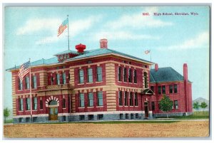 1920 High School Campus Building Entrance Flags Sheridan Wyoming WY Postcard