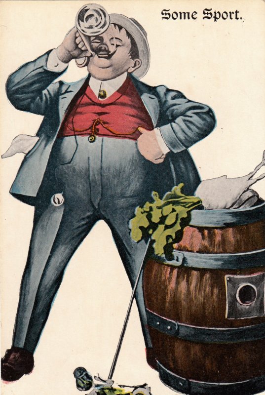 P1948 old postcard man & drink & barrel drinking unused