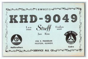 QSL Radio Card From Paxton Illinois KHD-9049