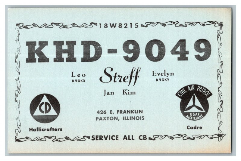 QSL Radio Card From Paxton Illinois KHD-9049 