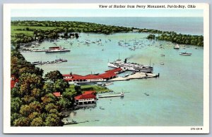 K48/ Put-In-Bay Ohio Postcard c40s Birdseye Harbor Ships Boats Monument 388