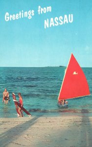 Vintage Postcard 1964 Greetings From Nassau Bahamas Ocean Adventure Beach Surf