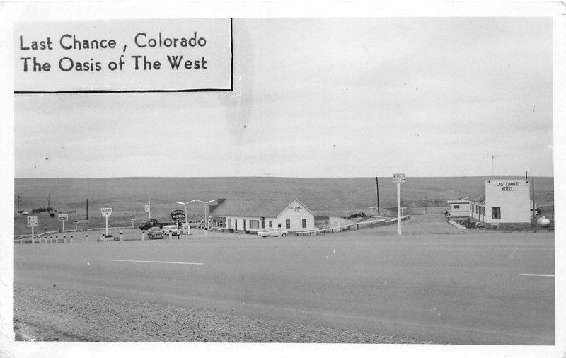 J35/ Last Chance Colorado RPPC Postcard 50s Oasis West Motel Gas Station 333