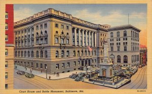 Court House Battle Monument Baltimore Maryland 1940s linen postcard