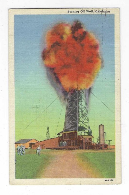 1944 Burning Oil Well, Oklahoma Linen Postcard