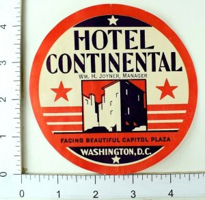 1930's-40's Hotel Continental Washington, DC Art Deco Luggage Label Vintage E7