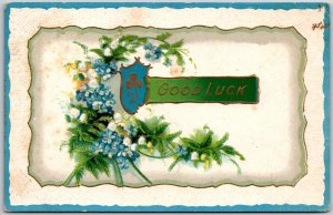 1911 Good Luck Greetings, Green Leaves & Forget Me Knot Blue Flowers, Postcard