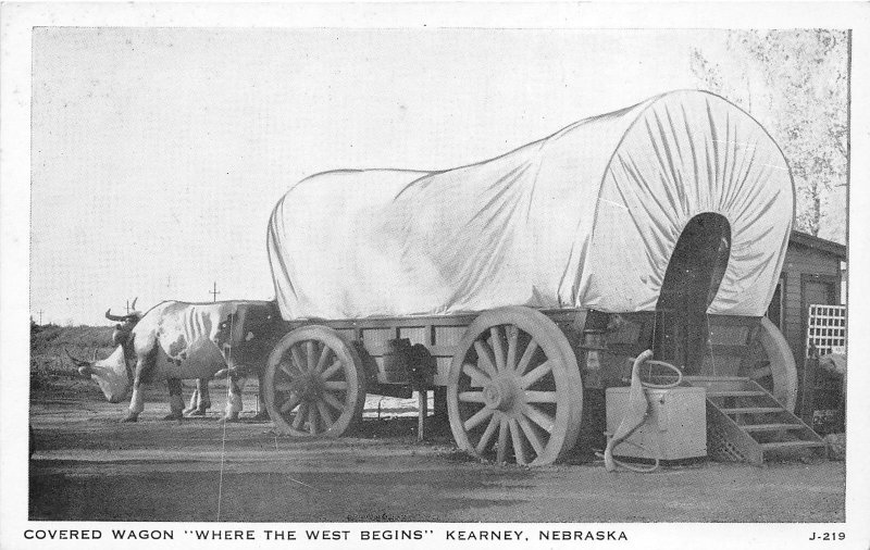 Kearney Nebraska~Covered Wagon Where The West Begins~1940s Clear View Postcard