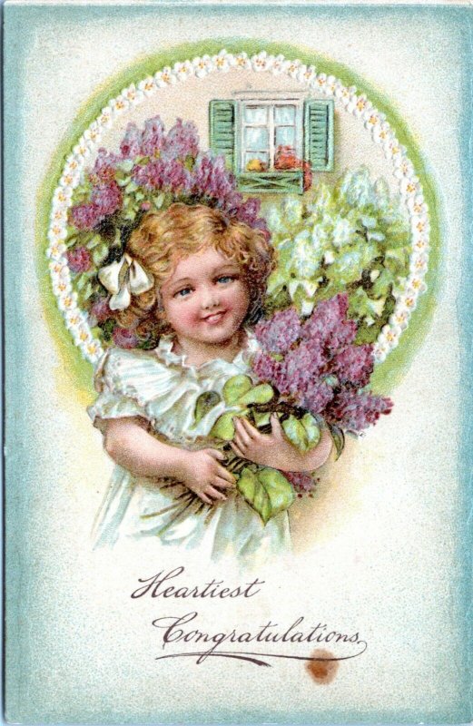 1907 Pretty Victorian Girl Heartiest Congratulation Germany Embossed Postcard IP