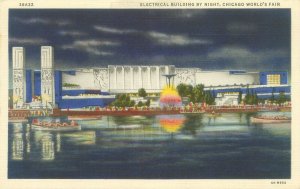 1933 Chicago World's Fair Electrical Bldg by Night Linen Postcard Unused