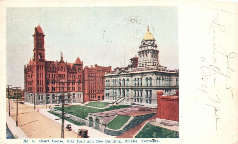 Vintage Postcard 1905 Court House City Hall And Bee Building Omaha Nebraska NB