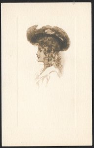 Portrait of Beautiful Lady in Feathered Hat & Hair Down Unused c1910s