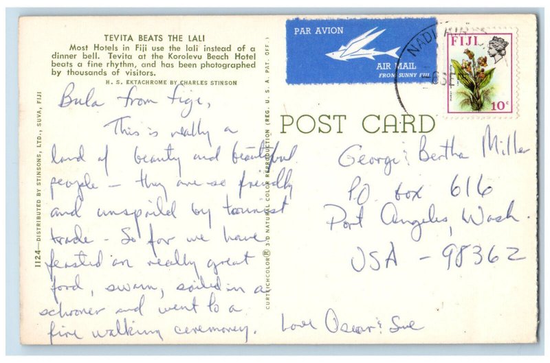 Fiji Postcard Tevita Beats the Lali with Fine Rhythm c1960's Posted Vintage