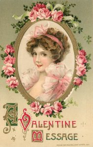 Winsch Schmucker Valentine  Embossed Postcard Lovely Woman in Pink, Rose Buds
