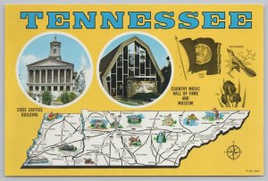 Tennessee~State Capitol~Country Music Hall of Fame~Flag~Map~Continental Postcard