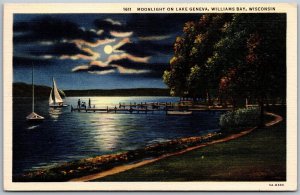 Vtg Williams Bay Wisconsin WI Moonlight On Lake Geneva Night View 1930s Postcard