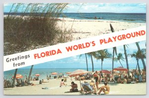 Florida~Beach Umbrellas & Grass On Beach~Vintage Postcard