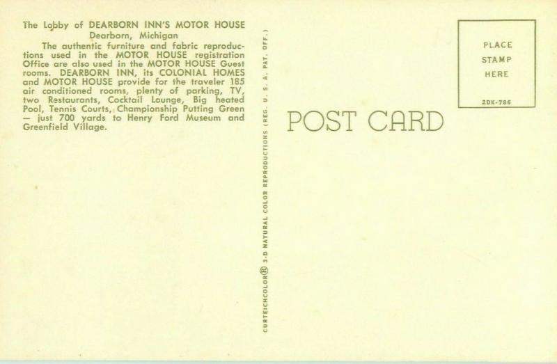 Dearborn Inn Motor House Lobby Dearborn MI Vintage Postcard Early American Decor