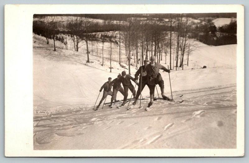 RPPC Uphill Spread Eagle Cross Country? Skiing~Five Men Having A Blast~1930s PC 